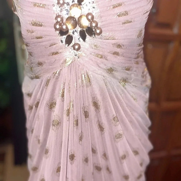 - ADRIANNA PAPELL BLUSH FOILED METALLIC DOT DRAPED STRAPLESS GOWN SZ 6 - Picture 7 of 16
